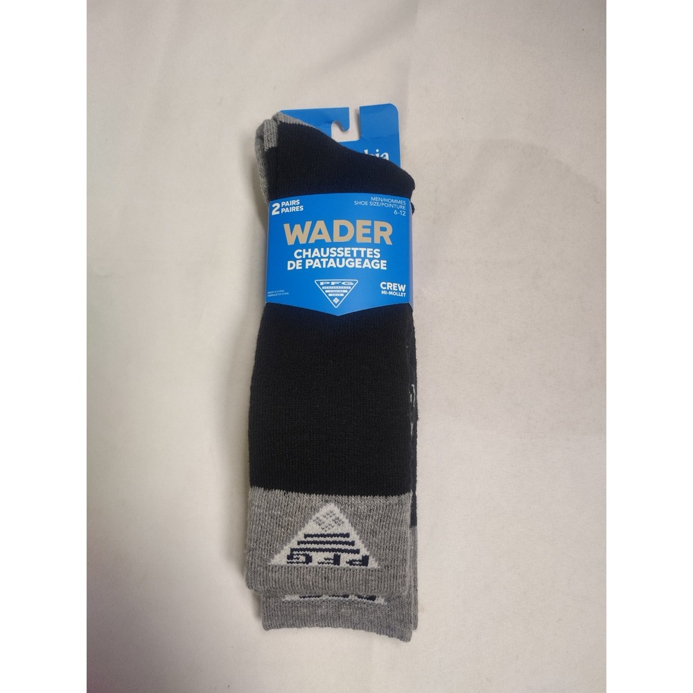 Columbia PFG Wader Crew Socks 2 Pair Pack Mens Shoe Size 6-12 Black Grey Wool